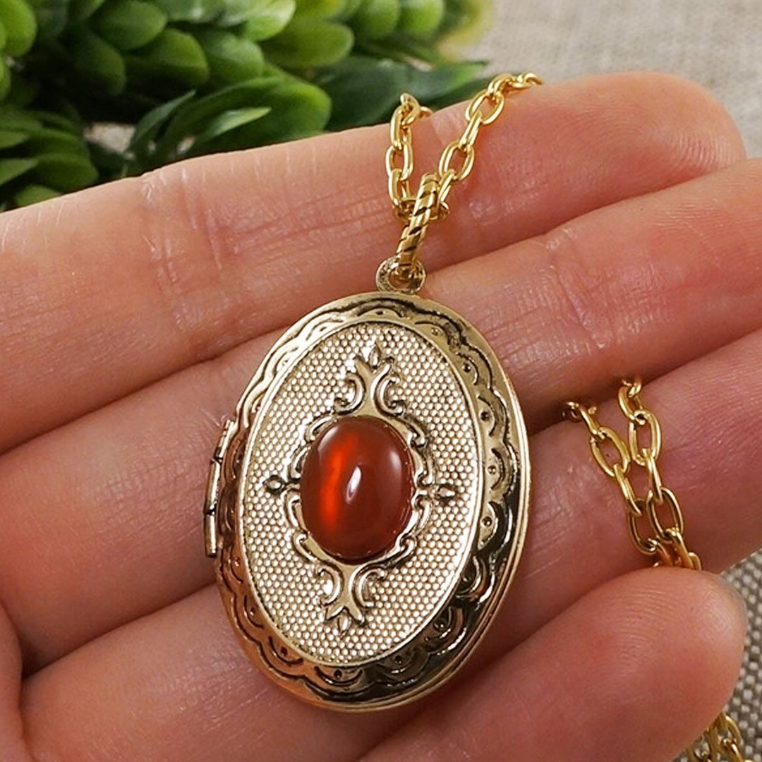 Carnelian Golden Oval Photo Locket Orange Fire Red Pendant Necklace Jewelry Gift - 项链 - 其他材质 橘色