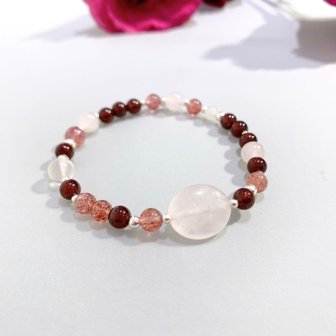 Ops silver bracelet -粉晶/草莓晶/石榴石/粉嫩/桃花/暖色调/脉轮 - 手链/手环 - 宝石 粉红色