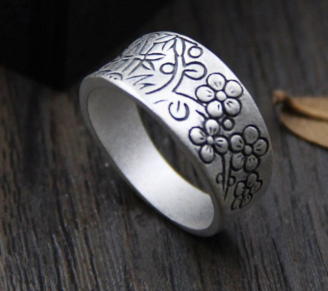 100% Real S990 Silver Fine Jewelry for Women Ethnic Flower Rings Handmade - 戒指 - 纯银 银色