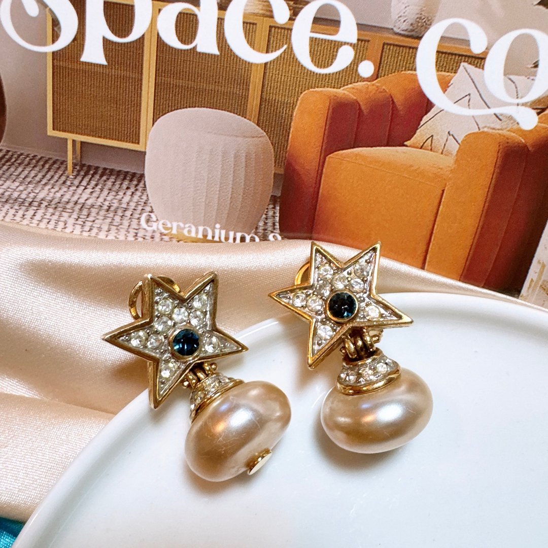 【西洋古董饰品】欧洲 闪烁蓝光星星 珍珠感垂坠可晃动 耳环耳针 - 耳环/耳夹 - 贵金属 蓝色