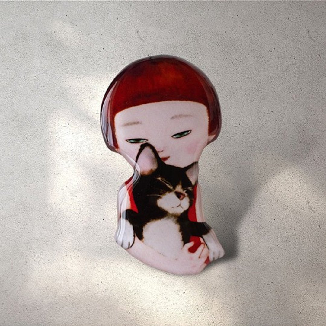 女孩与小猫胸针 - 胸针 - 塑料 