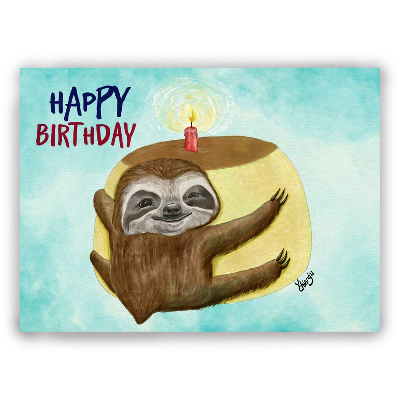 手绘插画万用卡/生日卡/明信片/卡片/插画卡-树懒抱生日蛋糕 - 卡片/明信片 - 纸 