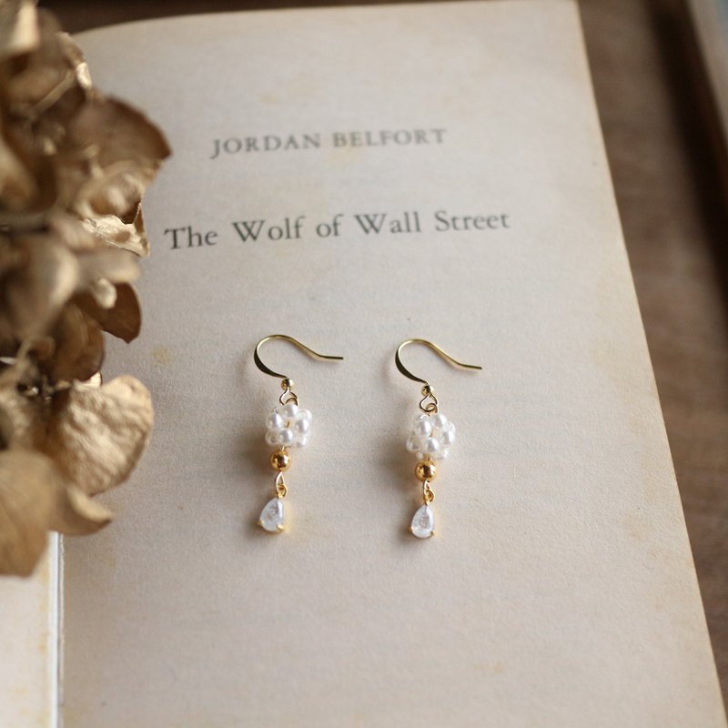 14k包金淡蓝水滴锆石水钻 珍珠串珠 小清新浪漫简约垂吊垂坠耳环 - 耳环/耳夹 - 其他金属 金色