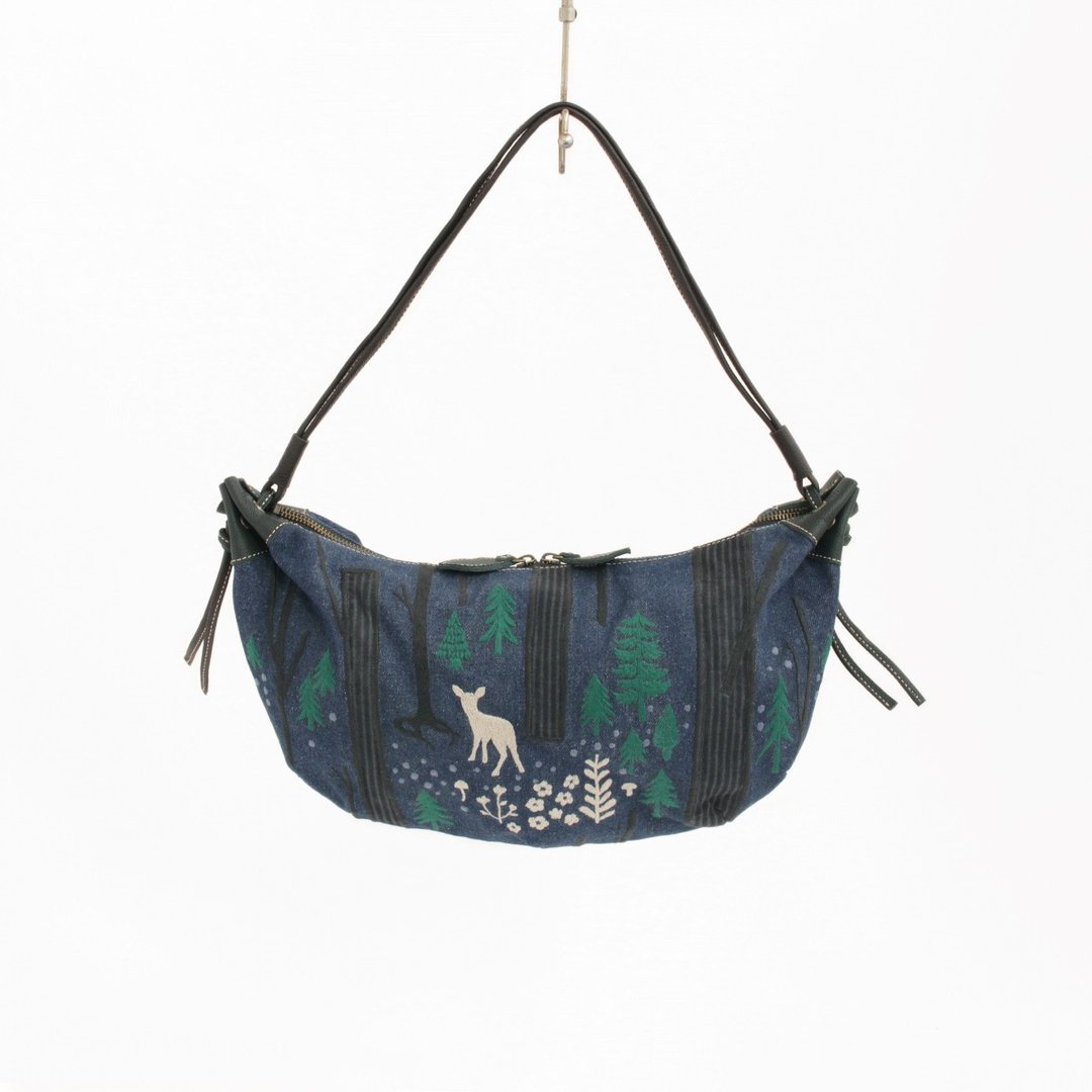 Forest trees, Bambi embroidery, croissant bag - 侧背包/斜挎包 - 真皮 蓝色
