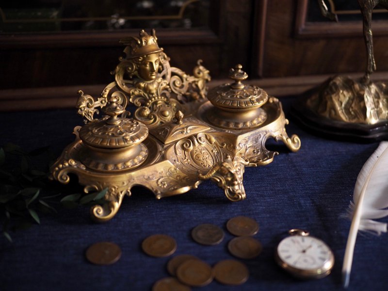 英国古董黄铜双槽墨水台 - 摆饰 - 铜/黄铜 