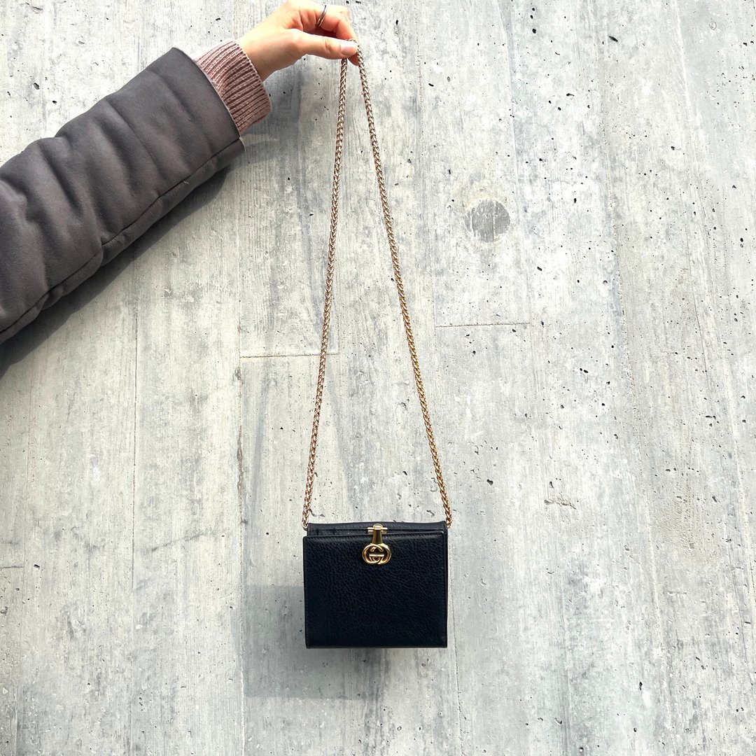 GUCCI黑色皮钱包 外加金色链条 日本中古 Vintage - 皮夹/钱包 - 真皮 黑色