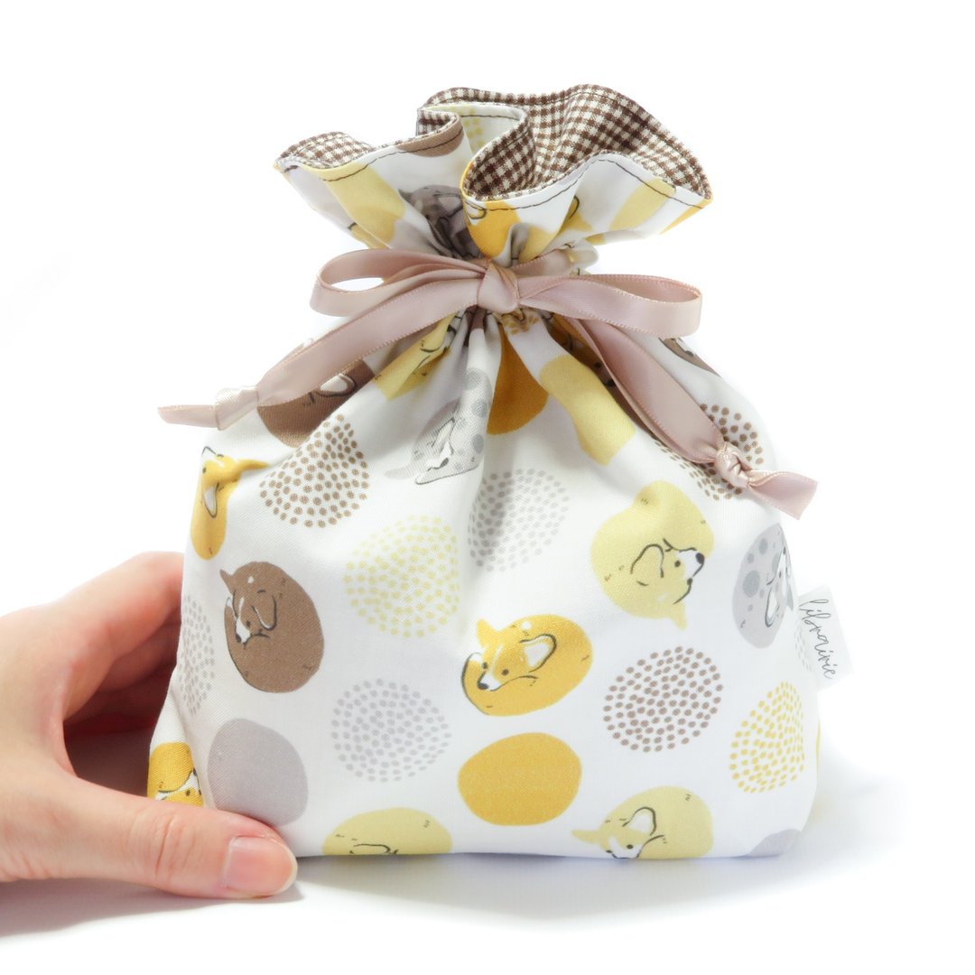Kogichaku Round Corgi Drawstring Pouch - 化妆包/杂物包 - 棉 橘色
