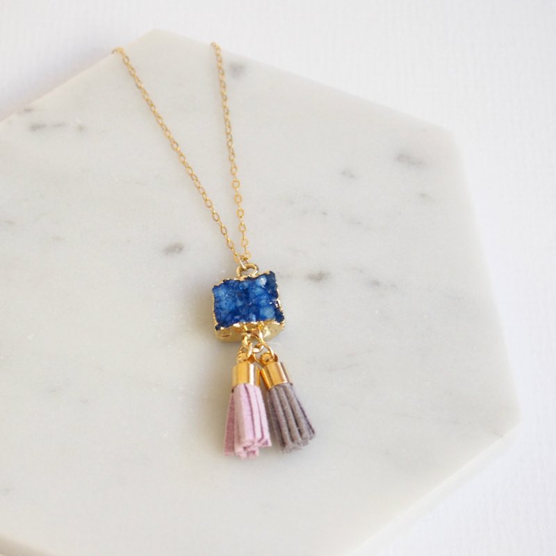 《KeepitPetite》方型镀金玛瑙晶・铜镀金项链・双色小流苏 (40cm / 16寸) - 项链 - 宝石 蓝色