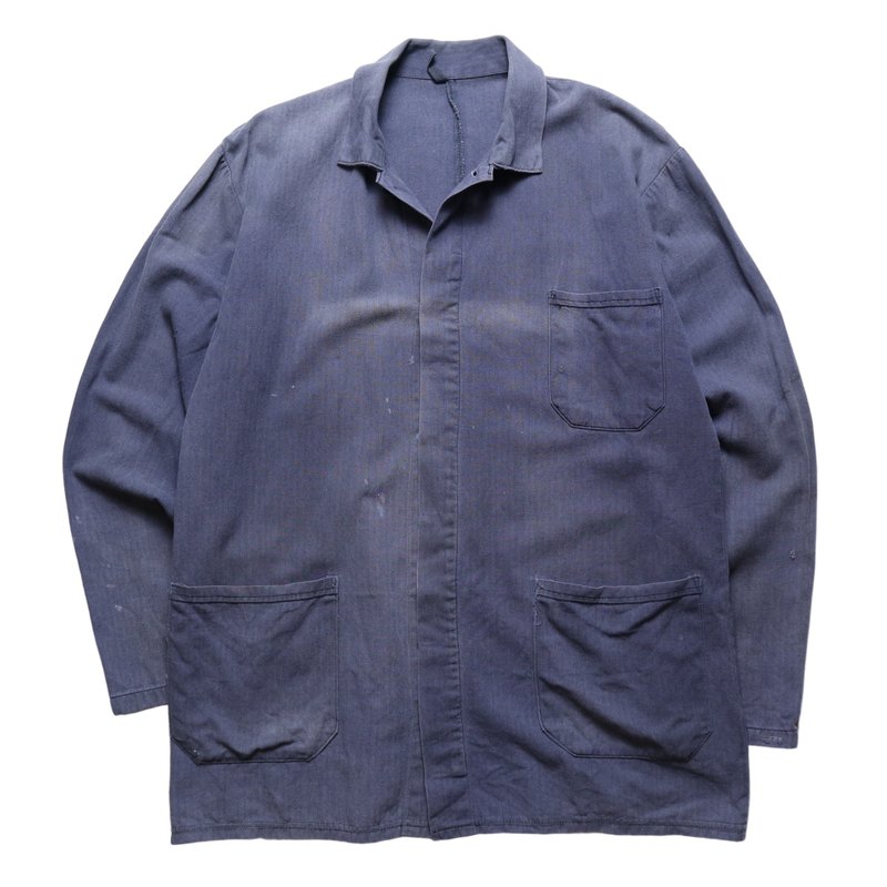 70s 洗旧蓝人字纹法国工装 French work jacket - 男装外套 - 棉．麻 蓝色