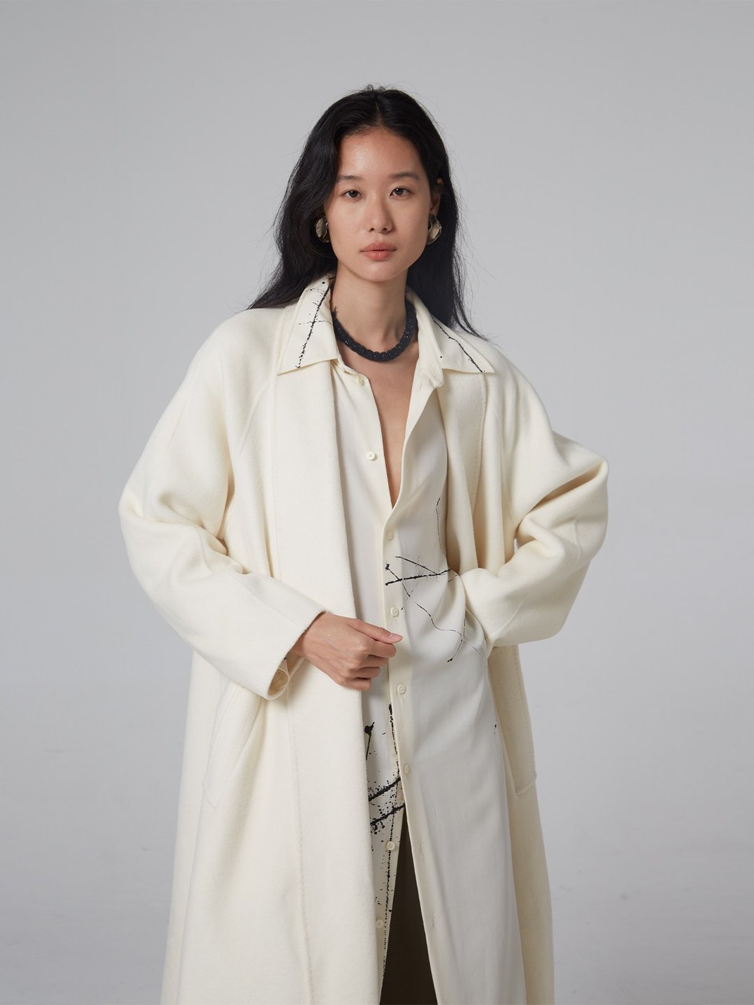奶醇白手缝羊绒双面呢 - 女装休闲/机能外套 - 羊毛 白色