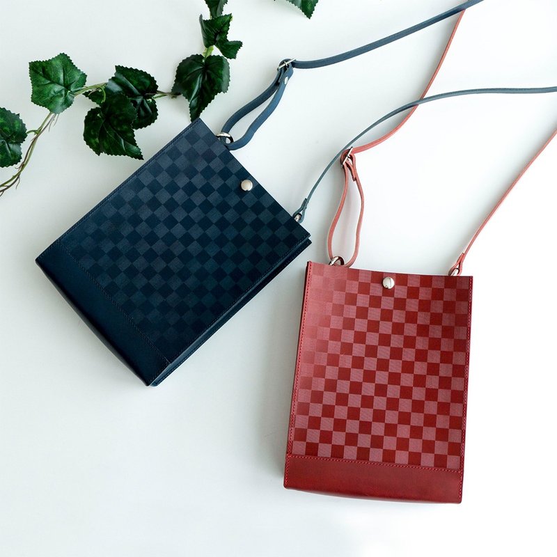 【 意大利皮革 拼接斜背包 - 格纹 - 】 罗索 海洋蓝 皮革 小包 肩背包 格纹 HH25K - 侧背包/斜挎包 - 真皮 红色