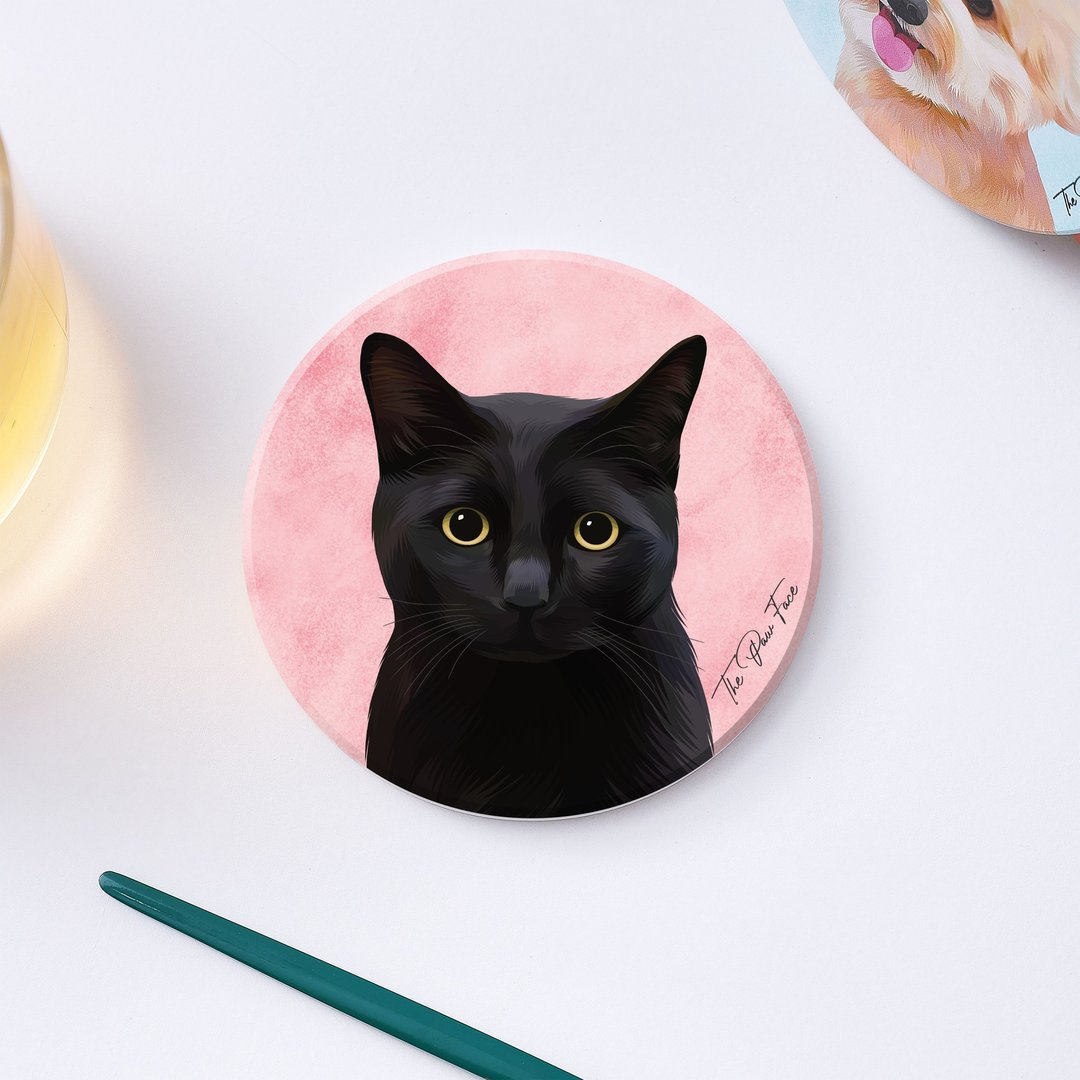 黑猫 猫猫-圆型陶瓷吸水杯垫/动物/居家用品 - 杯垫 - 陶 