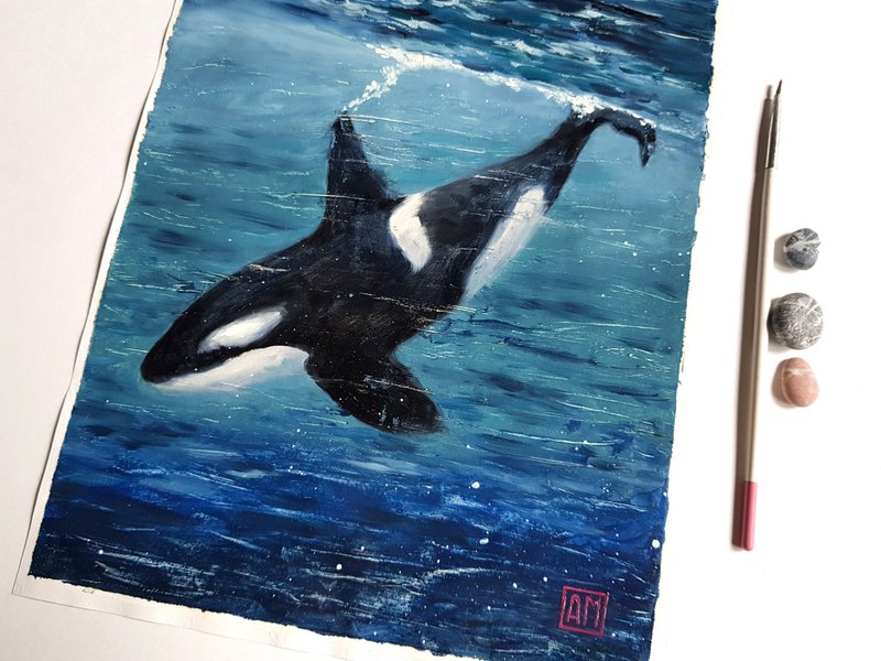 Original artwork animal - Orca - hand painted oil painting - 墙贴/壁贴 - 其他材质 