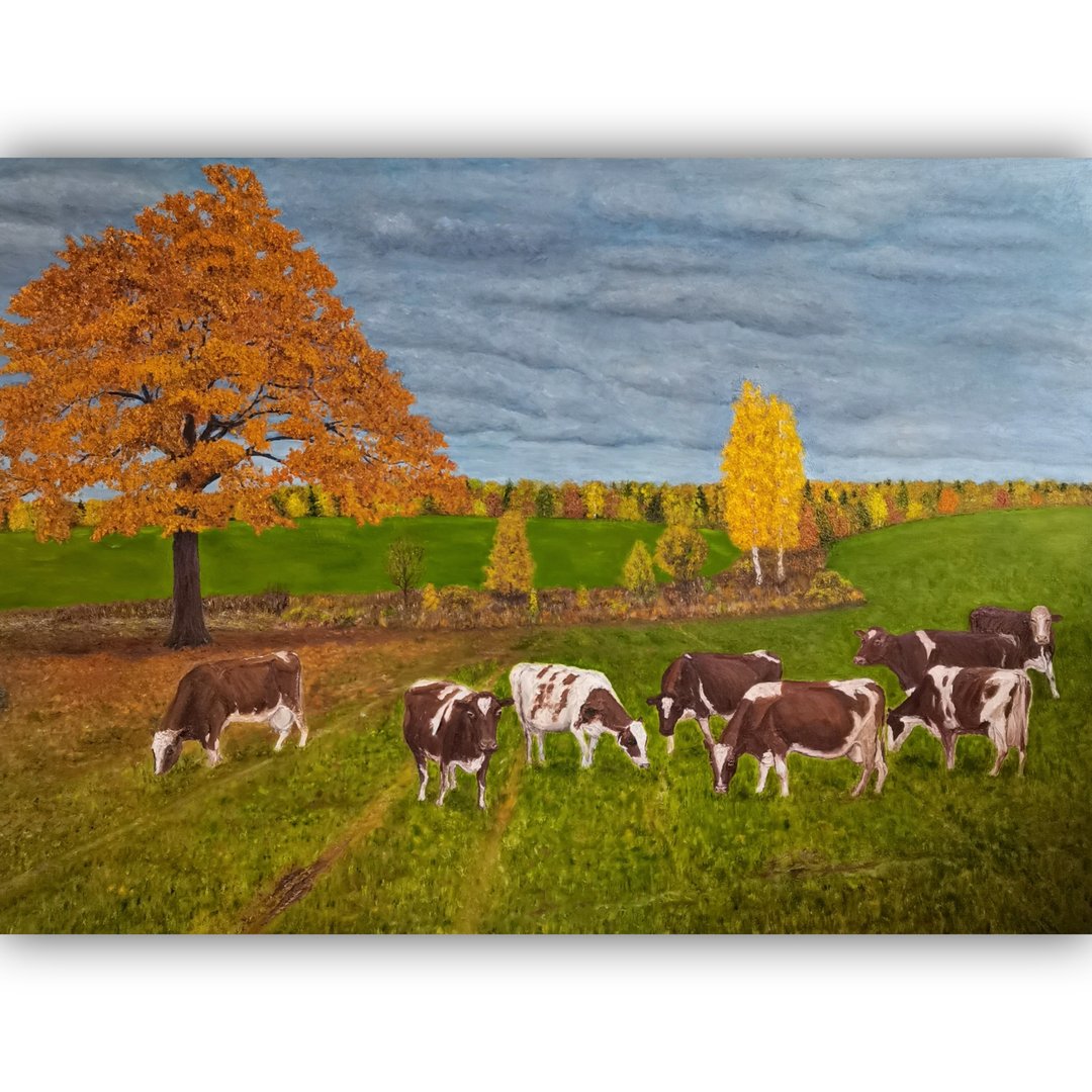 Cow Painting Landscape Original Art Animal Oil Painting Cow Wall Artwork - 海报/装饰画/版画 - 棉 多色