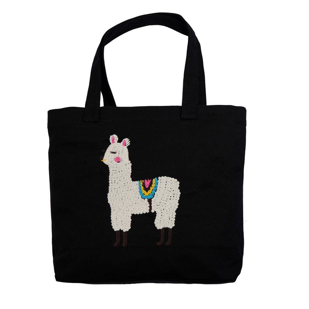 白鬈毛草泥马刺绣帆布袋 文青TOTE BAG 小袋暗袋设计 香港原创设 - 手提包/手提袋 - 棉．麻 黑色