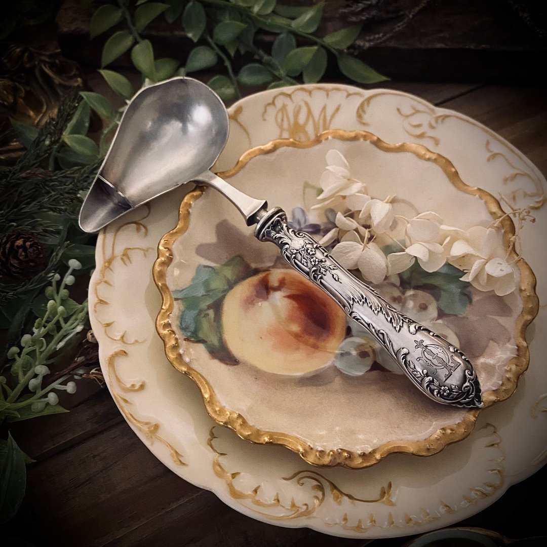 罕见法国Art Nouveau 订制款纯银柄 植物浮雕酱料勺 - 其他 - 纯银 银色