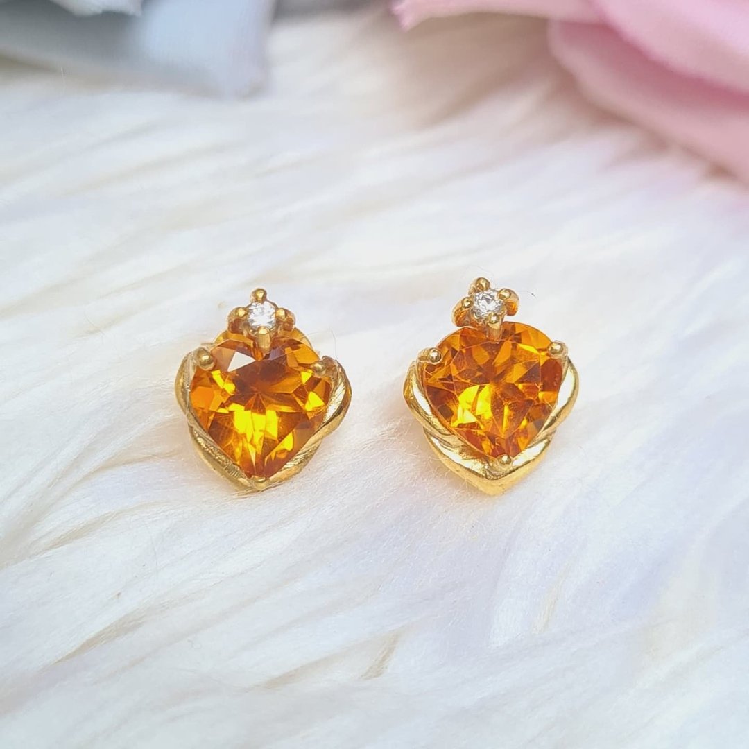 心形黄水晶925纯银镀金耳钉 - 耳环/耳夹 - 宝石 橘色