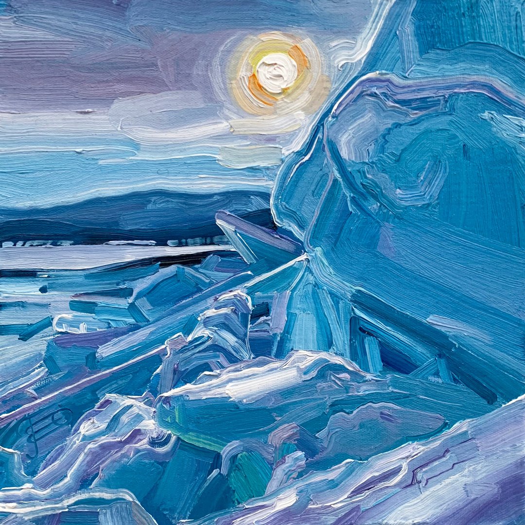 冰冻的中午。冰冻的湖面。帆布板上的原创油画。 20x20厘米 - 墙贴/壁贴 - 棉 蓝色