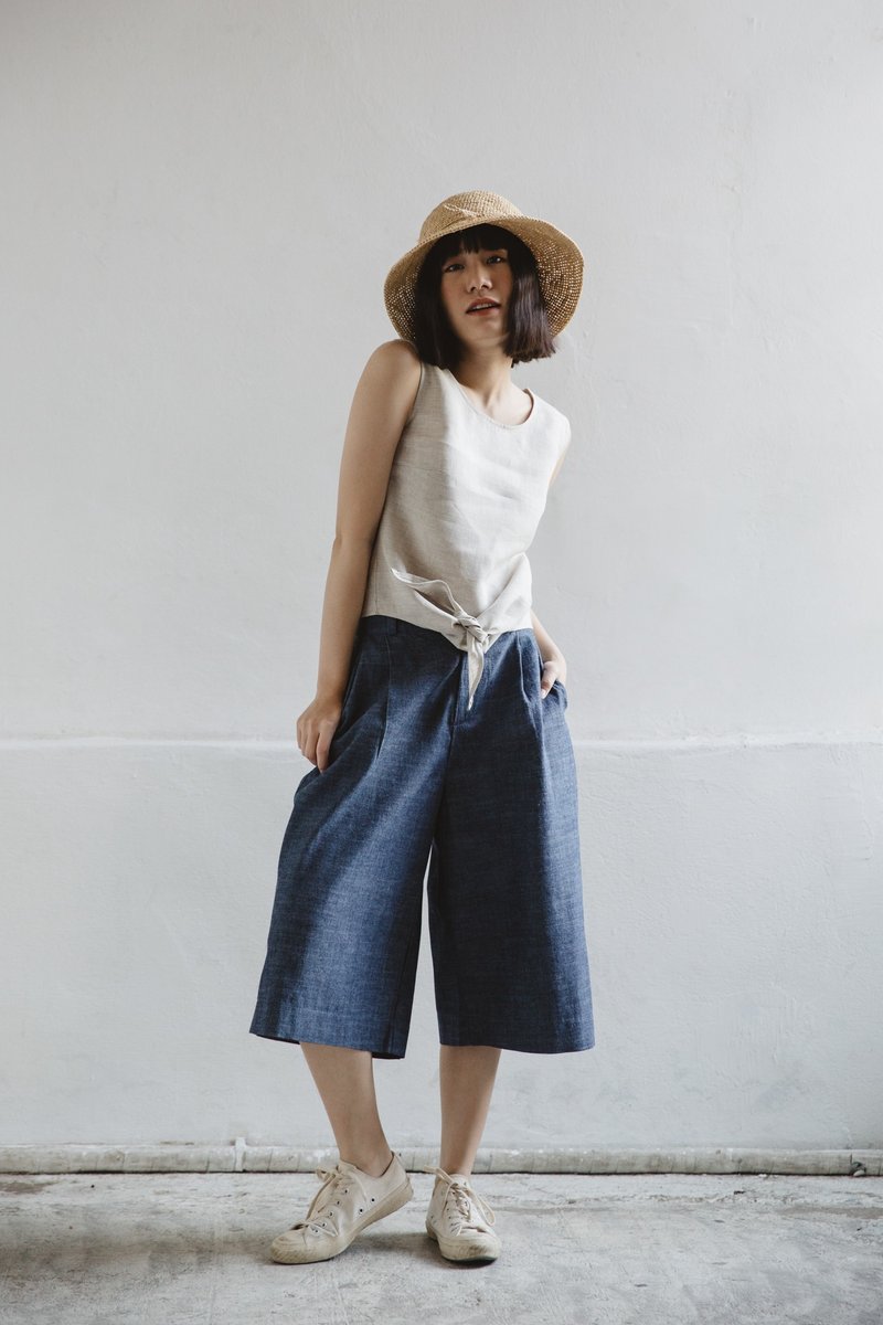 高腰七分休闲宽裤赠腰带-蓝色 - 女装长裤 - 棉．麻 蓝色