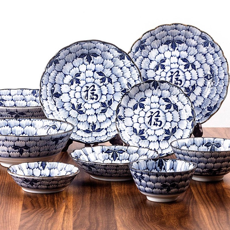 日本仁峰 美浓烧釉下彩花万叶青花福字陶瓷盘子菜盘汤碗饭碗餐具 - 盘子/餐盘/盘架 - 瓷 