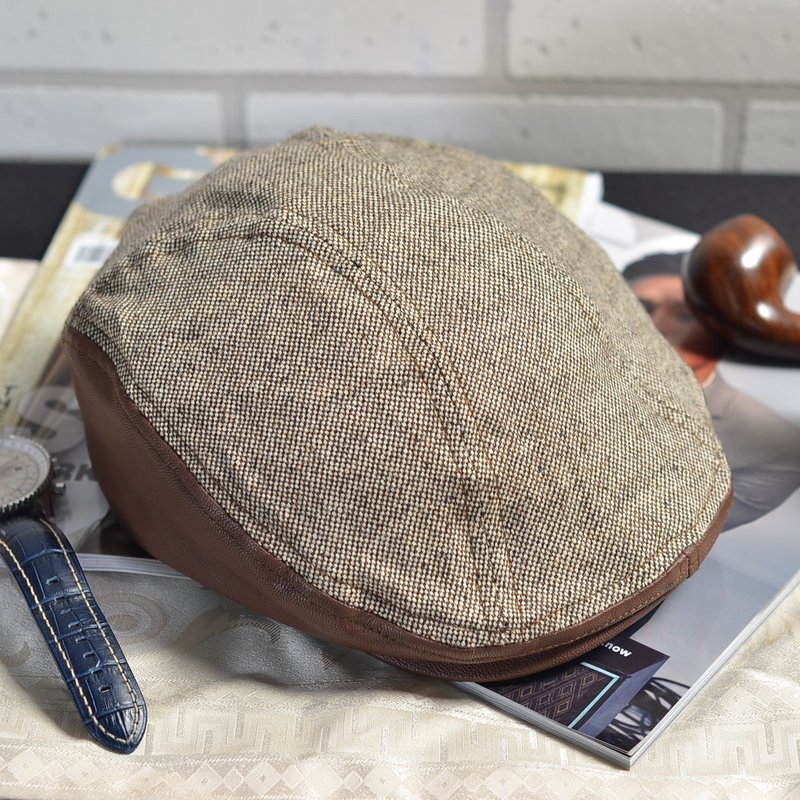 真皮帽子 狩猎者 金沙色 羊皮拼布 鸭舌帽 父亲节 手作皮革 - 帽子 - 真皮 金色