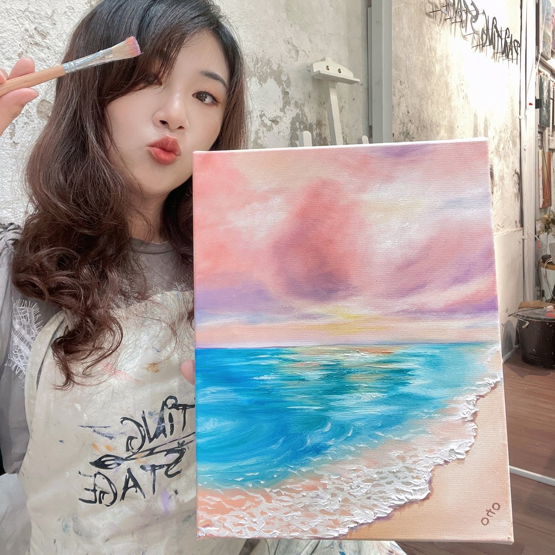 王咖咖 油画-恋之夏日海滩 5F - 海报/装饰画/版画 - 颜料 粉红色