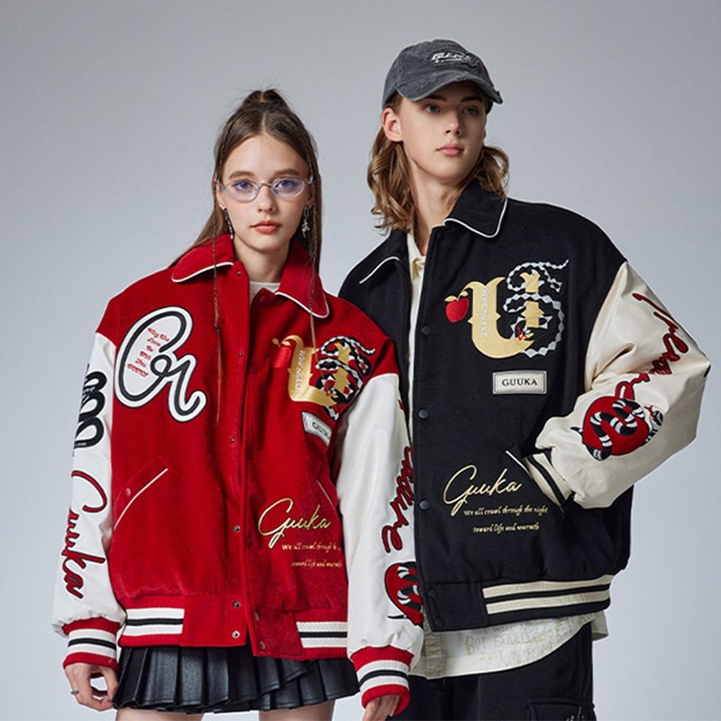 红色圣诞美式棒球服  情侣拼接PU皮棉衣 新年毛绒外套 - 男装外套 - 聚酯纤维 