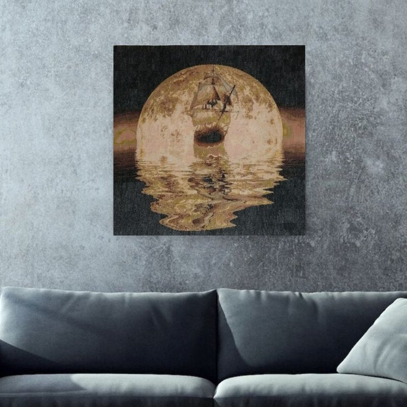 手工刺绣夜海景原创帆布画 - 独家墙壁艺术 - 墙贴/壁贴 - 棉．麻 黑色