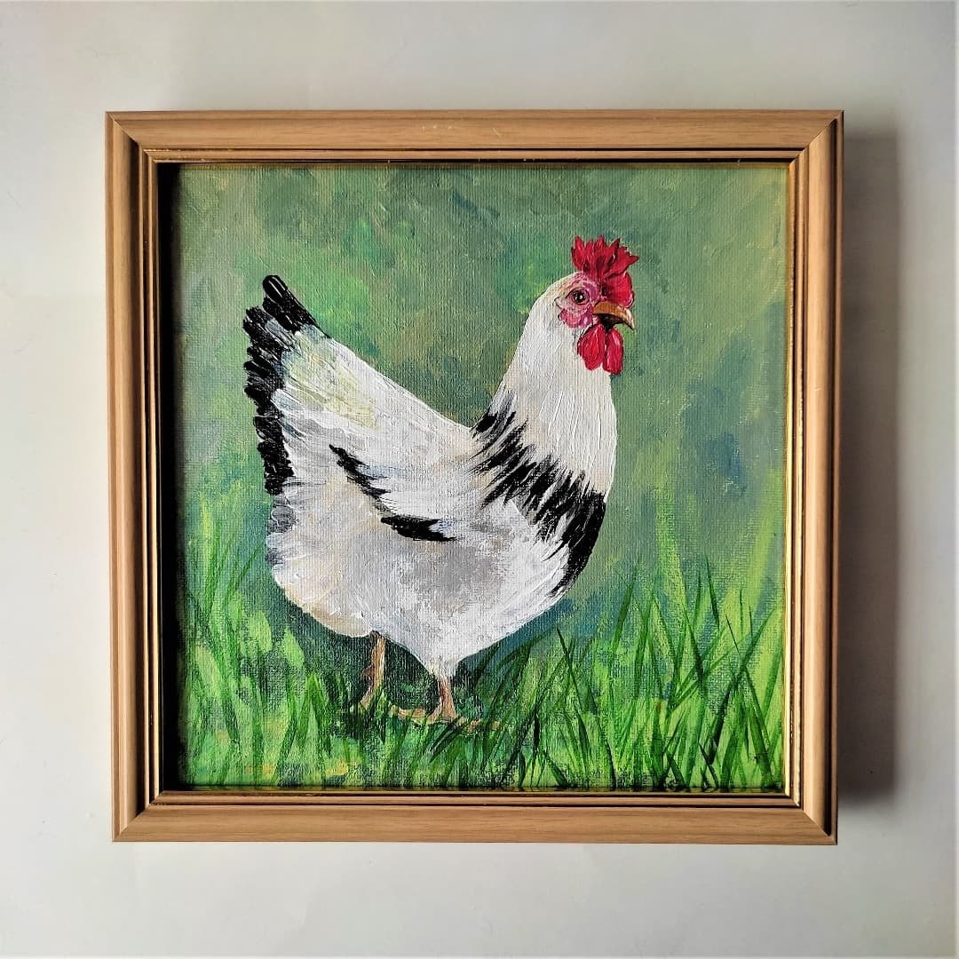 Bird wall art framed White chicken bird painting impasto wall decoration 掛畫 壓克力畫 - 墙贴/壁贴 - 压克力 多色