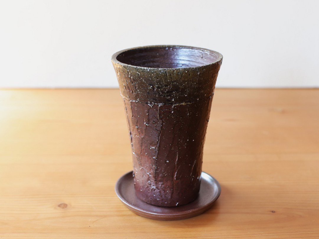 Bizen potted flower pot [with saucer] u-048 - 花瓶/陶器 - 陶 咖啡色