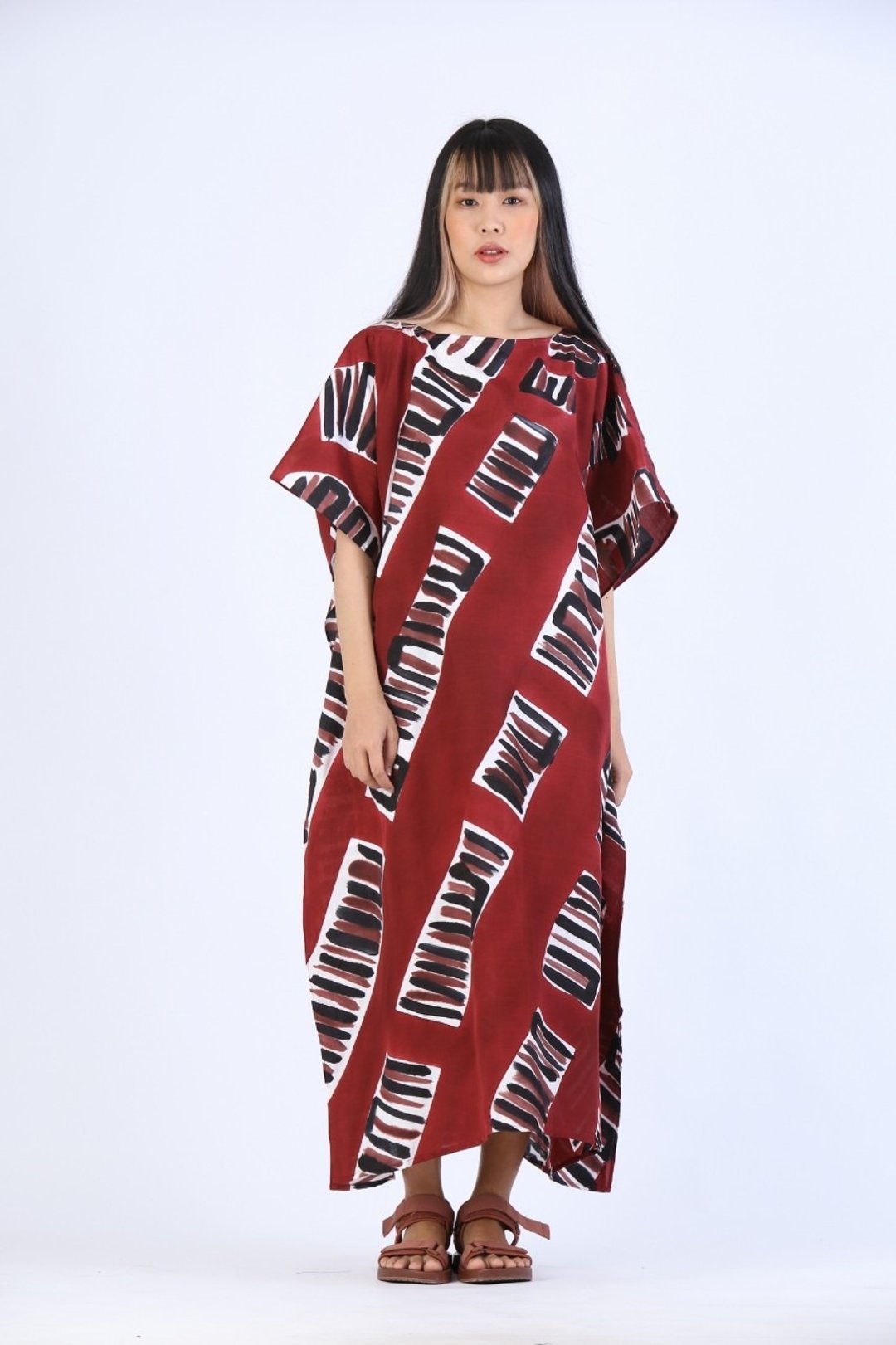 Hand Painted Cotton Silk Kaftan for Summer Resort Vacation- - 洋装/连衣裙 - 聚酯纤维 红色