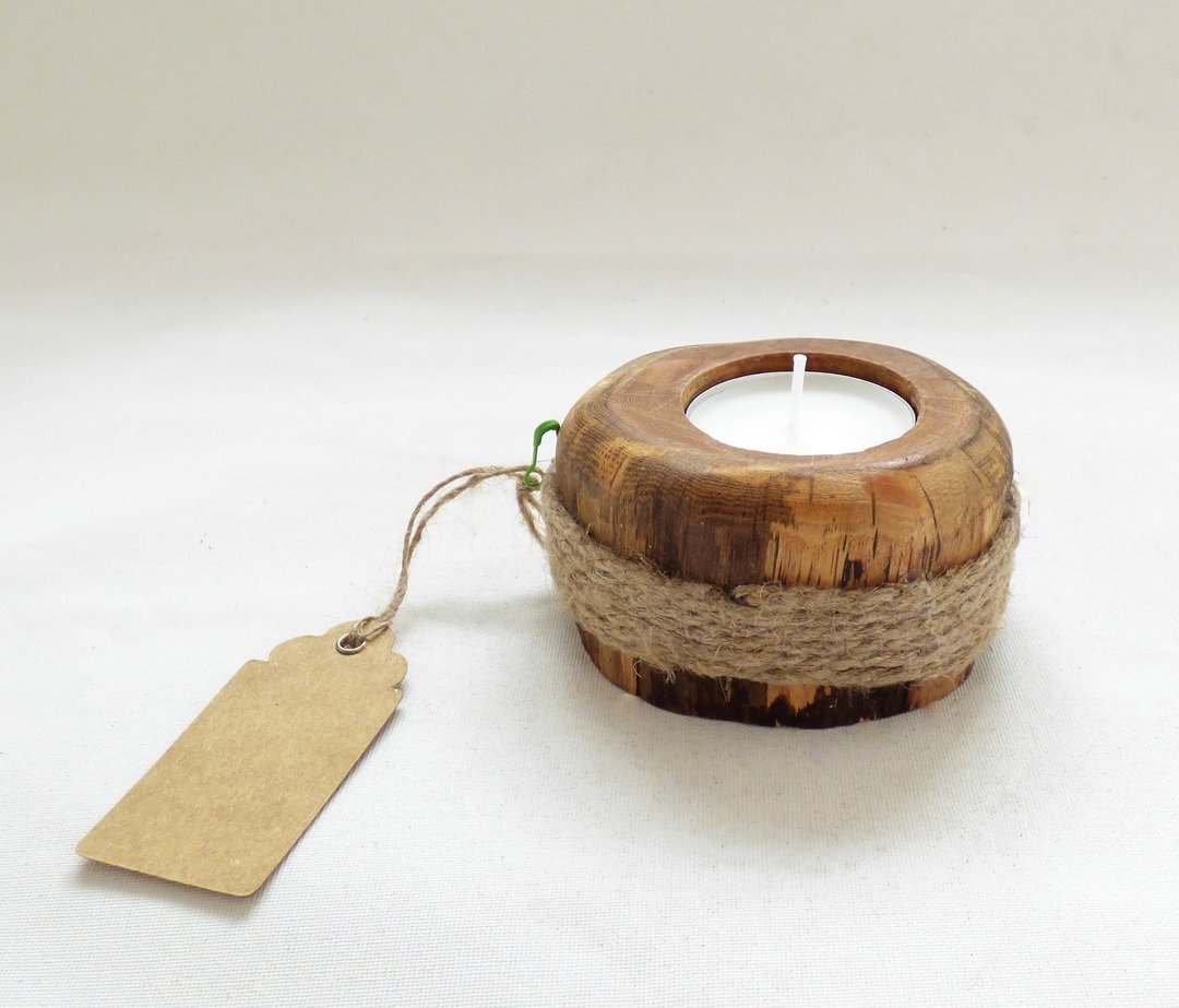 Oak & Linen Twist Handcrafted Country Rustic Folk Art Tealight Candle Holder - 摆饰 - 木头 咖啡色