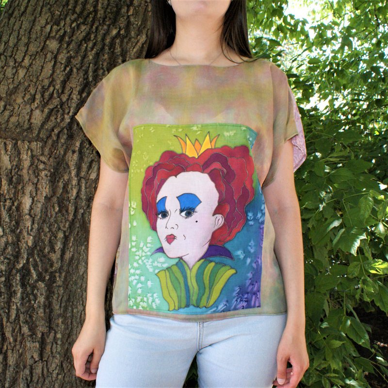Hand-painted Loose Cotton Tunic, Loose Art Queen T-shirt, Oversized Royal Tunic - 女装衬衫 - 棉．麻 多色