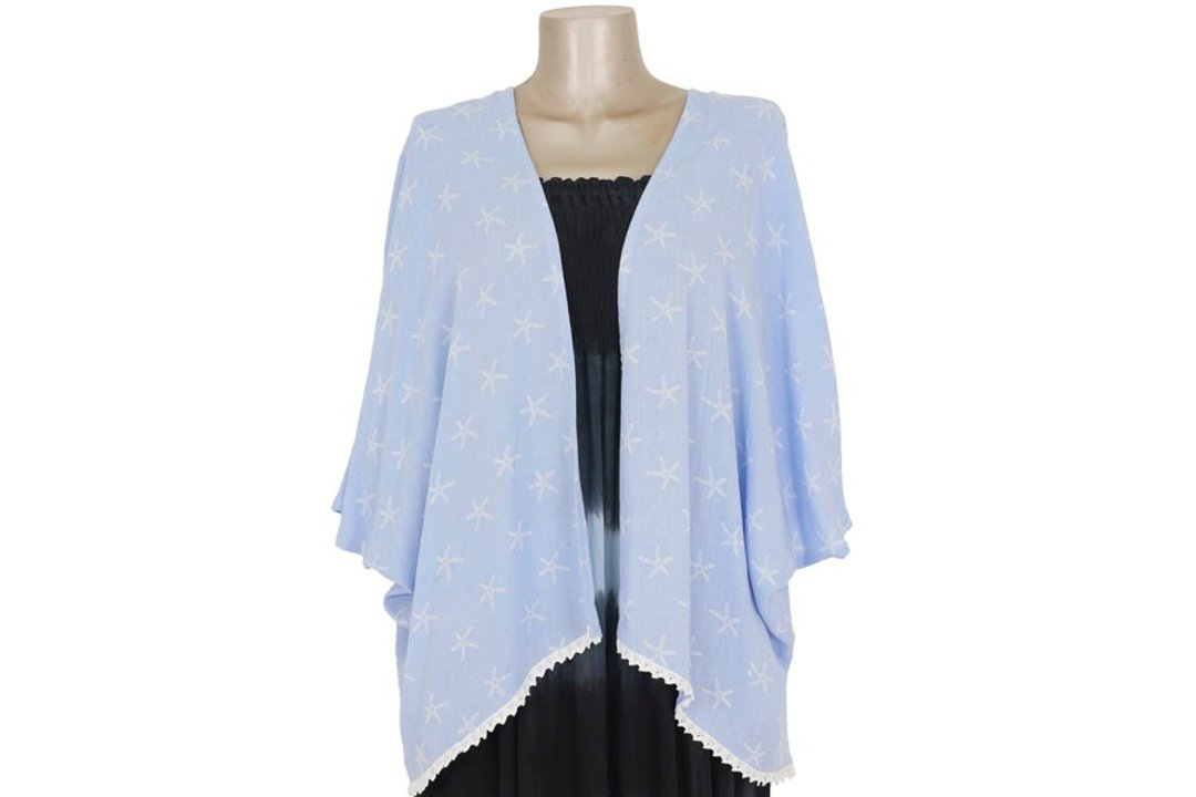 海星印花和服式开襟外套 浅蓝色 - 背带裤/连体裤 - 其他材质 蓝色