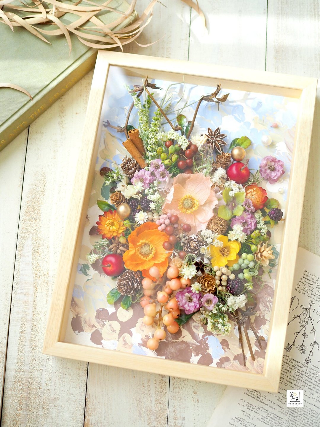 秋日花束 水彩与永生花复合媒材画框 A4 | 生日 居家装饰 - 干燥花/捧花 - 植物．花 橘色