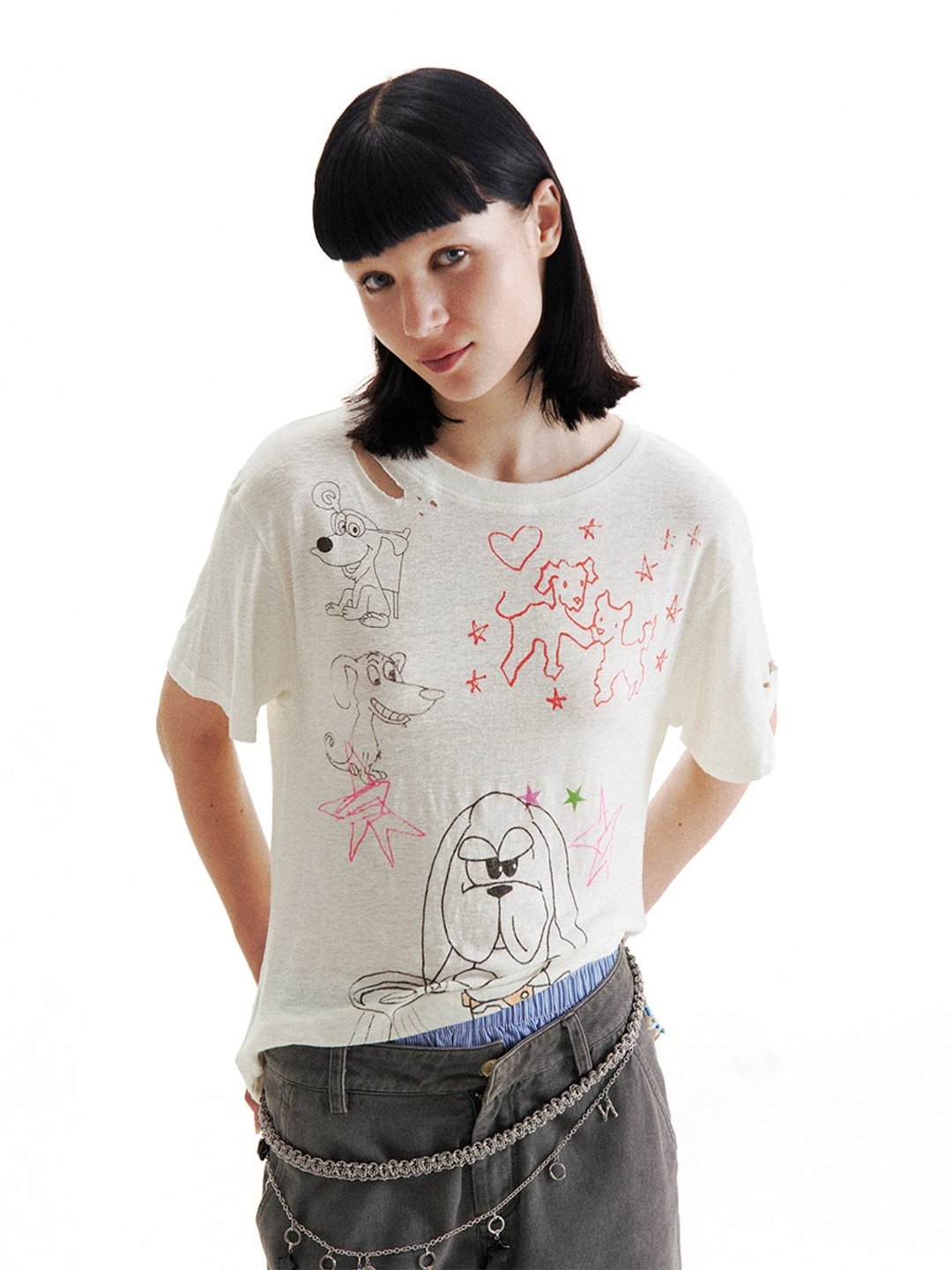 Security Guard Puppy Doodle T-shirt 保安小狗涂鸦短袖T恤 - 女装 T 恤 - 其他材质 白色