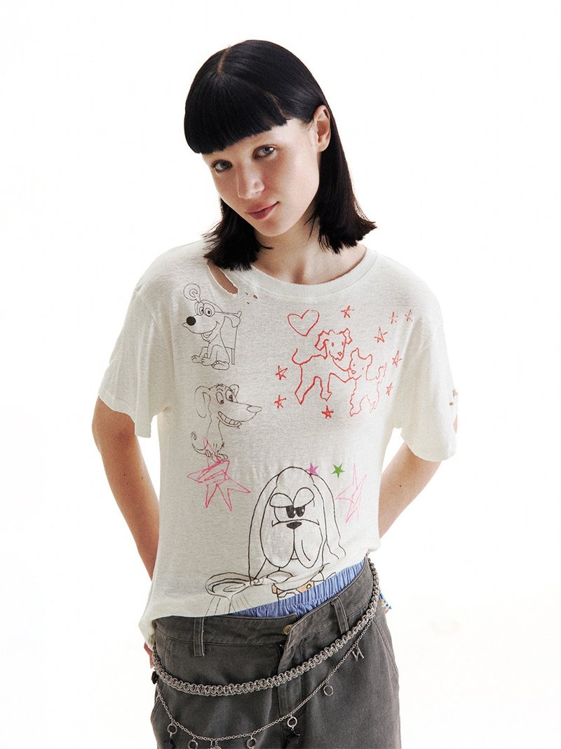 Security Guard Puppy Doodle T-shirt 保安小狗涂鸦短袖T恤 - 女装 T 恤 - 其他材质 白色