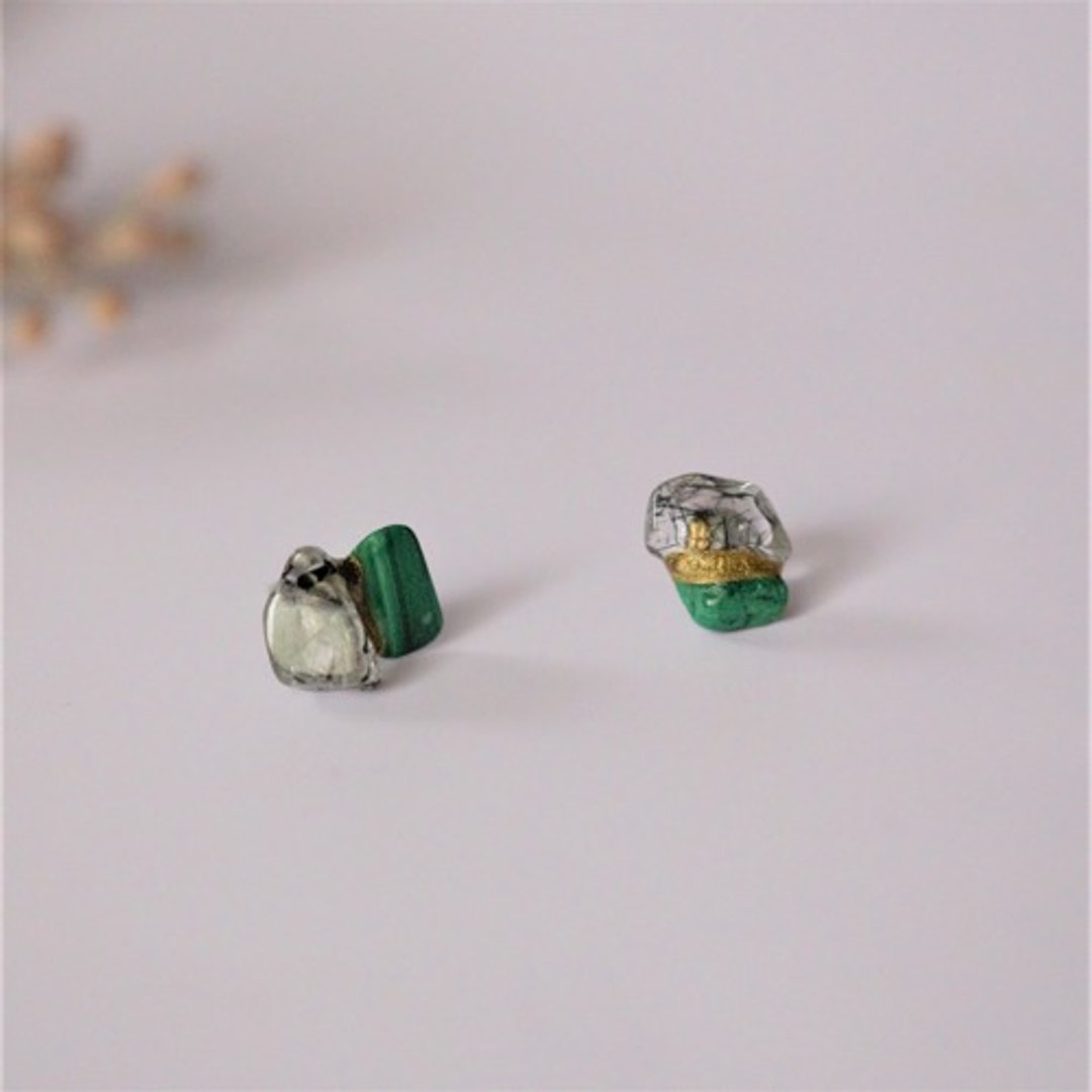 Made to Order Kintsugi Natural Stone Clip-On/ Black Rutile Quartz, Malachite - 耳环/耳夹 - 半宝石 