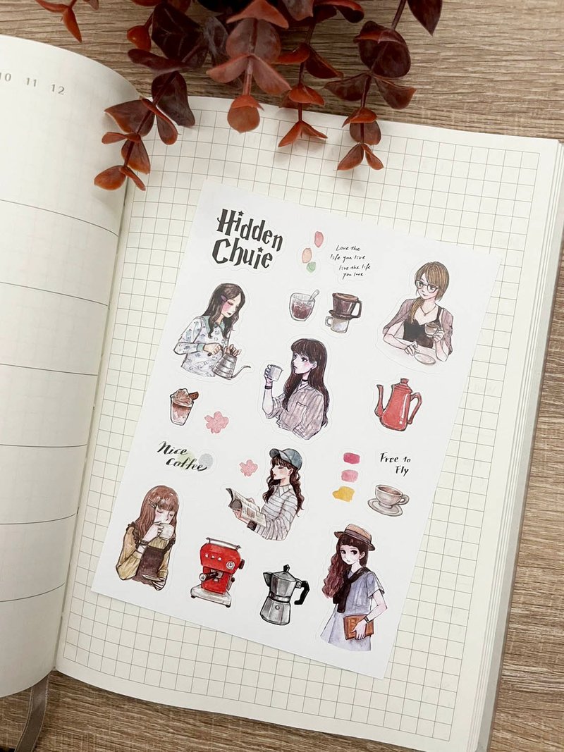 女孩与咖啡防水割型贴纸 - 贴纸 - 纸 多色