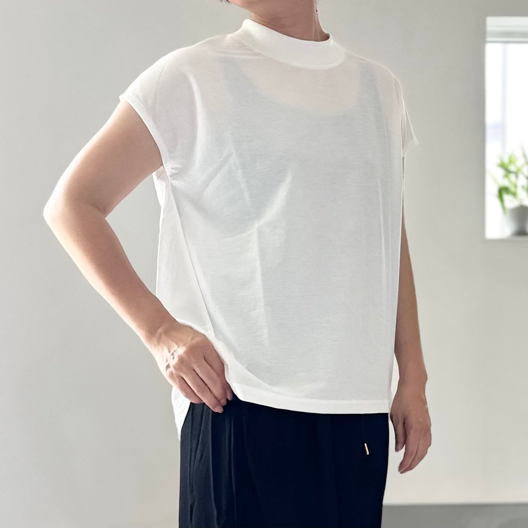 【接触凉感】法式袖斜裁片缝线套头衫 2色可选【白色】2025新款 - 女装 T 恤 - 尼龙 白色