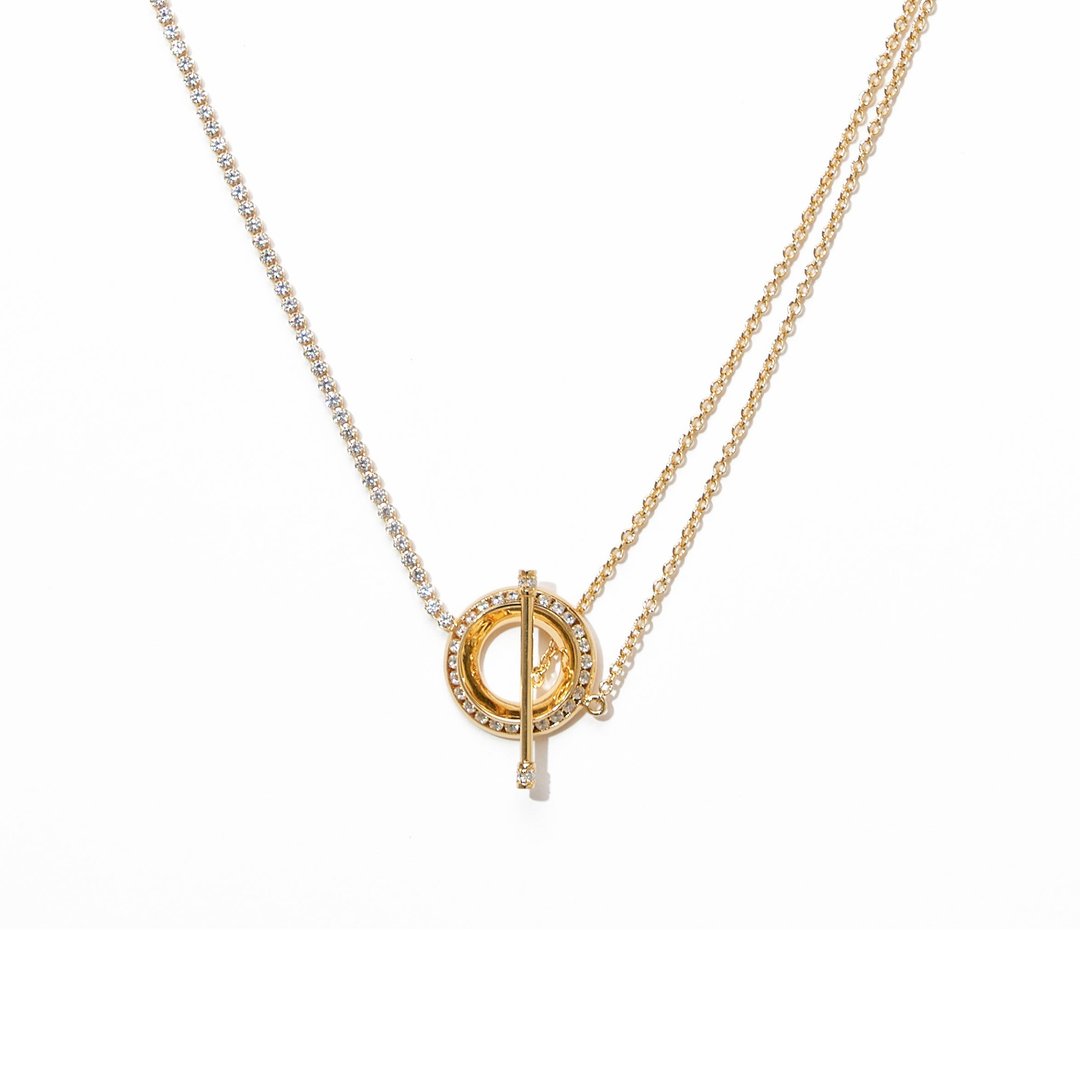 宝石双层T扣项链 925银厚镀18K金 Withstand Diamond Necklace - 项链 - 宝石 金色