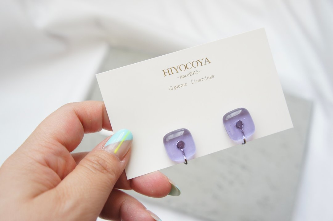 square glass earrings/ Clip-On lavender - 耳环/耳夹 - 玻璃 紫色