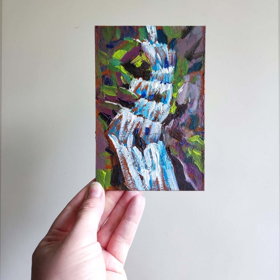 原创油画瀑布风景。森林瀑布画。山 - 海报/装饰画/版画 - 其他材质 绿色