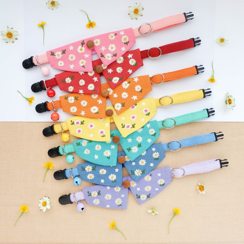 Daisies collar set,Removable- Hand Daisies Embroidery collar for cat - 7 color - 项圈/牵绳 - 棉．麻 多色