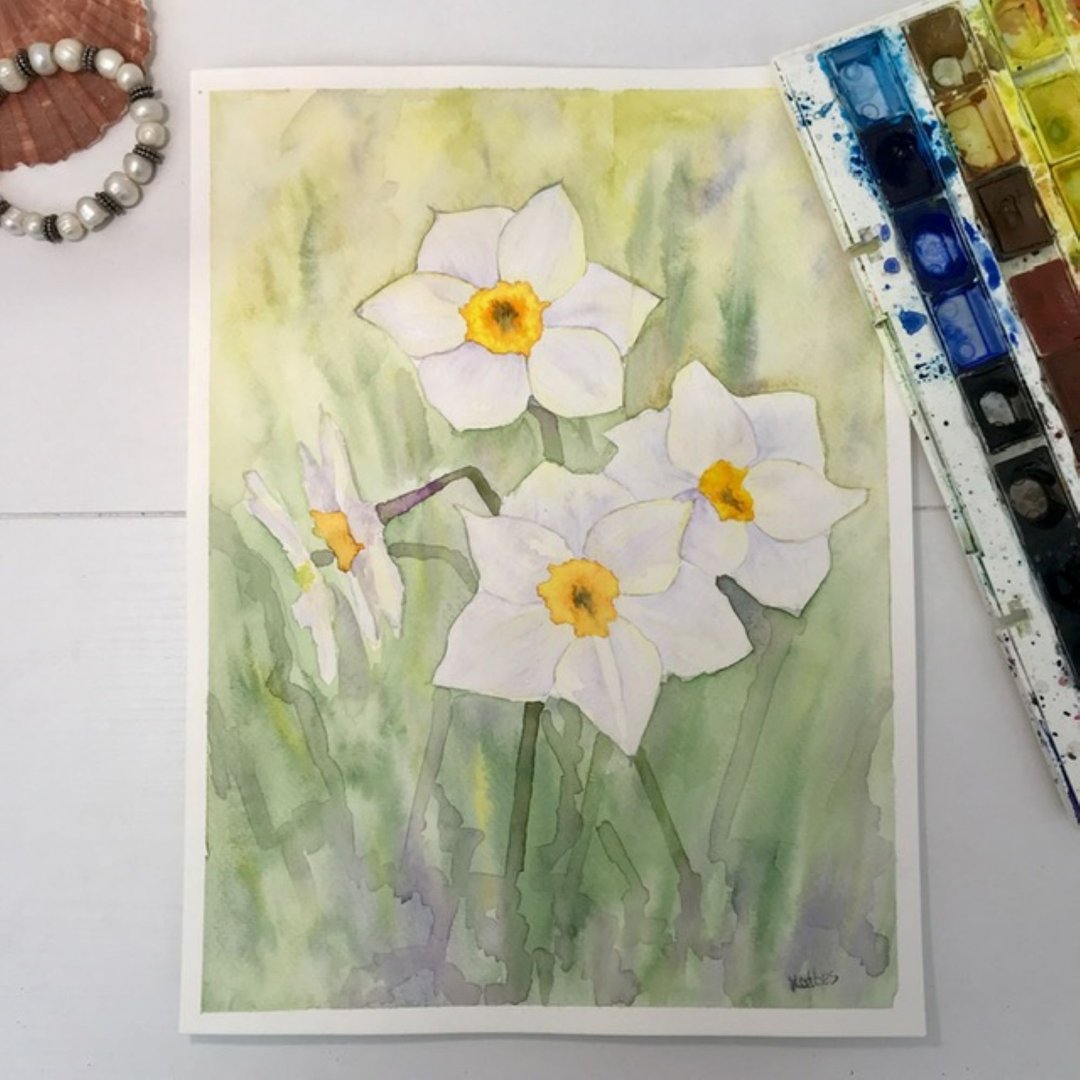 Daffodil flowers watercolor painting original watercolor wall art 32 by 24 cm. - 墙贴/壁贴 - 纸 黄色