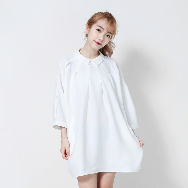 Thinking 思维合褶上衣_7SF100_白 - 洋装/连衣裙 - 棉．麻 白色