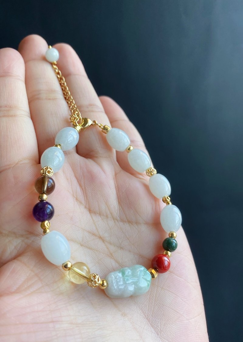 天然缅甸玉 翡翠 貔貅 五行 手链 手环 礼物 设计款 调节款 - 手链/手环 - 玉石 绿色