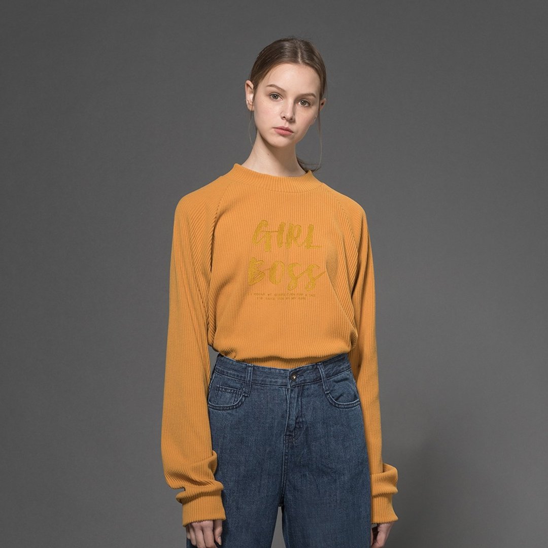 Girl Boss Embroidery Corduroy Sweatshirt (Dark Orange) - 女装针织衫/毛衣 - 棉 橘色
