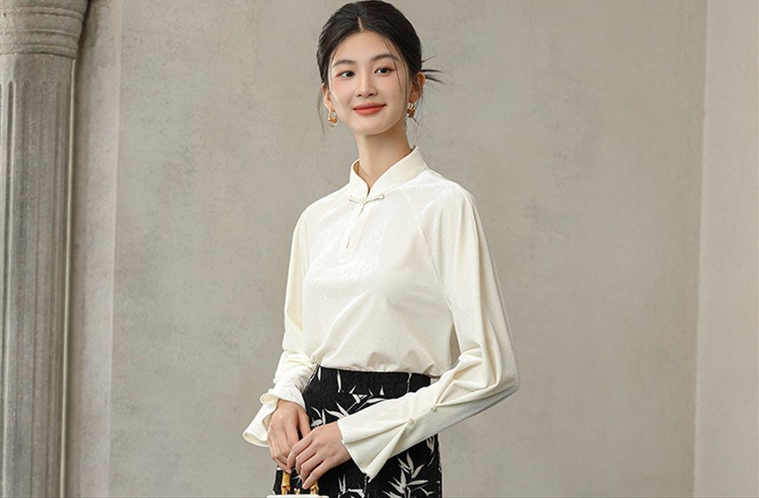 新中式中國風 水滴领袖口打褶盘扣丝绒上衣 - 女装上衣 - 其他材质 白色