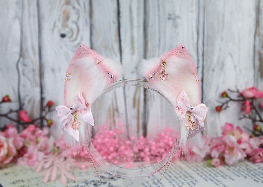 Sakura Cat Ears Faux Fur Cat Ears Headband - 发饰 - 其他人造纤维 粉红色